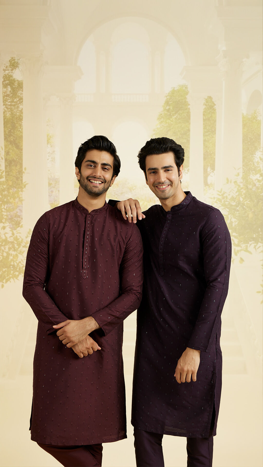 A man wearing a mustard brown and red simple silk kurta, perfect for wedding celebrations.